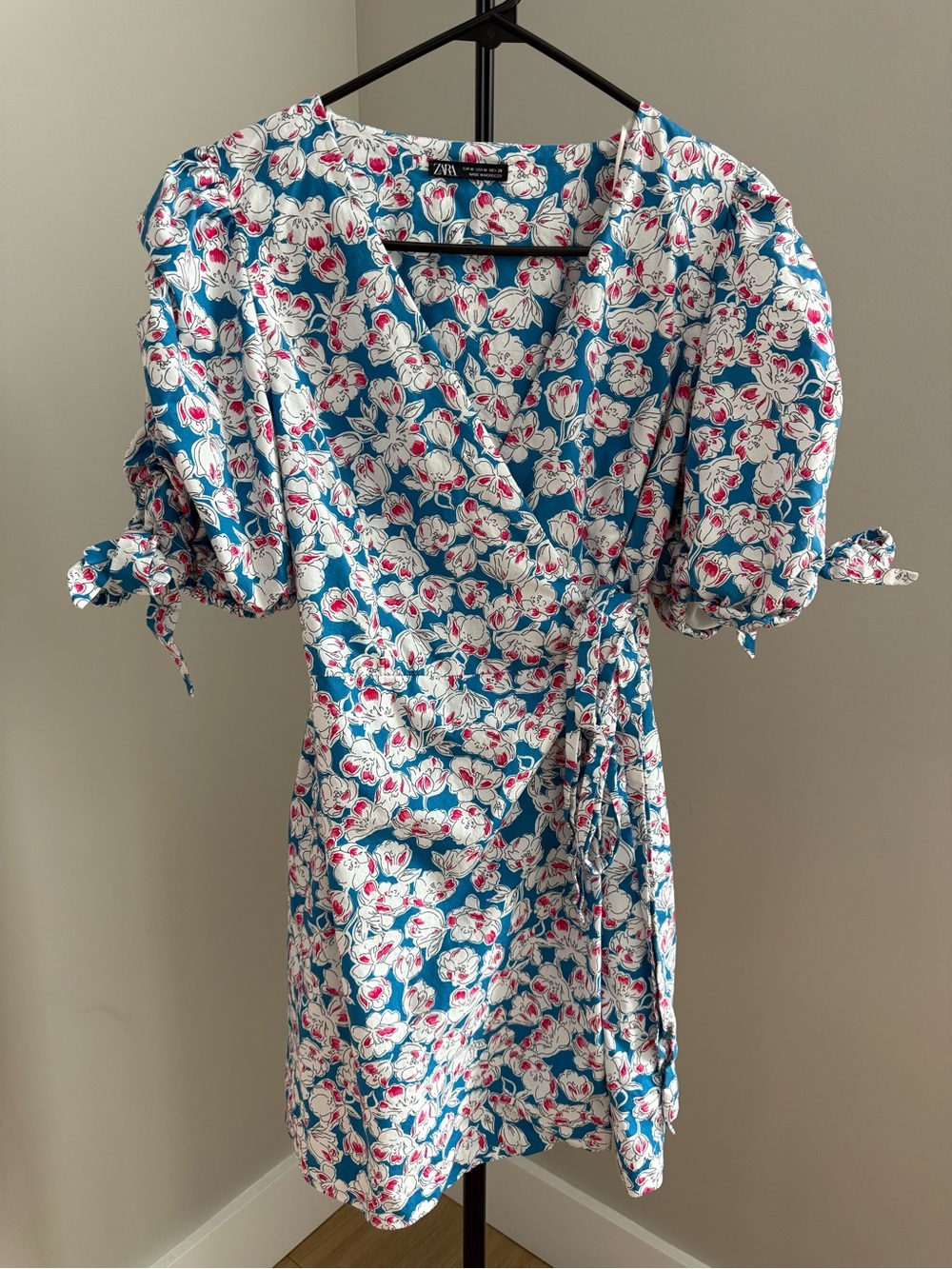 Zara Teal Floral Wrap Mini Dress with Puff Sleeves